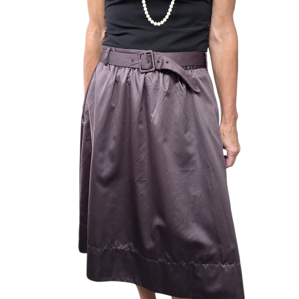 Theory Belted Brown Midi Skirt Gathered Waist A Line Size 4